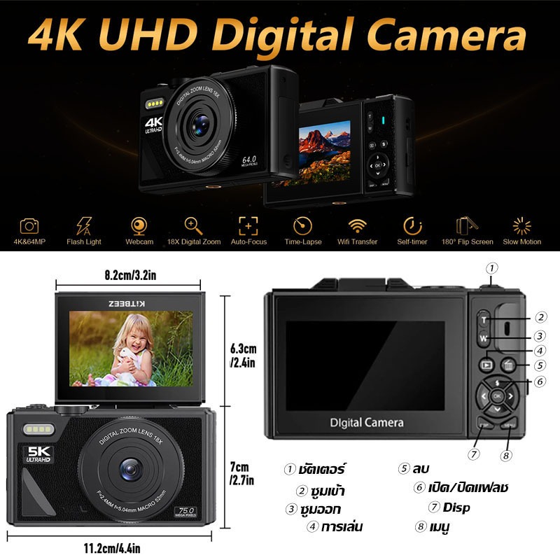 【เลนส์】KiTBEEZ KP-2 กล้องดิจิตอล 75MP 5K ซูม18X พร้อมเลนส์ 52mm 0.45X Wide Angle+Macro กล้องถ่าย vlog พลิกหน้าจอได้180°