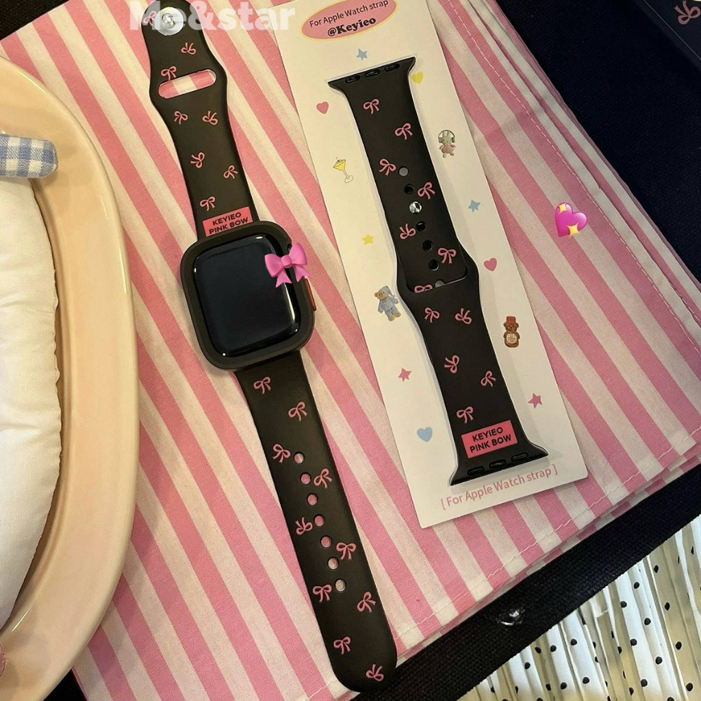 สายสําหรับ smartwatch สาย ซิลิโคน ลาย pink bow  Iwatch11 10 9 8 7 6 SE 5 4 3 2 watch size 38/40/41/42-s10/44/45/46 mm