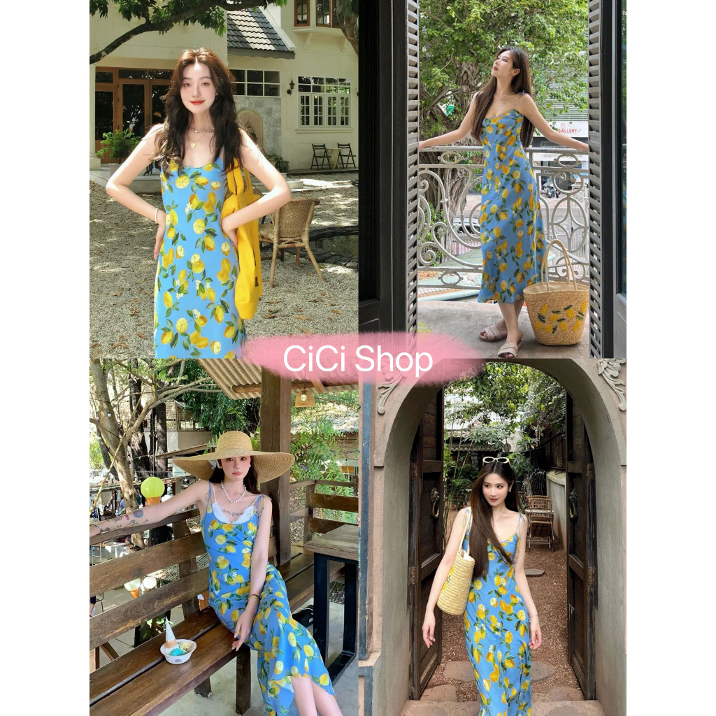 Cicishop(Y6266) เดรสยาวผูกสาย ดีเทลพิมพ์ลายเลมอน มีซิปข้าง สไตล์สาวน่ารักแบ๊วๆ