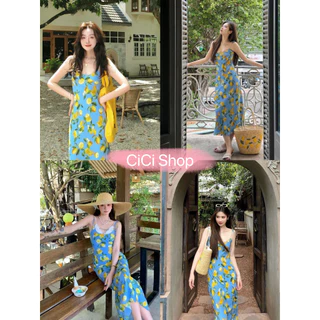 Cicishop(Y6266) เดรสยาวผูกสาย ดีเทลพิมพ์ลายเลมอน มีซิปข้าง สไตล์สาวน่ารักแบ๊วๆ