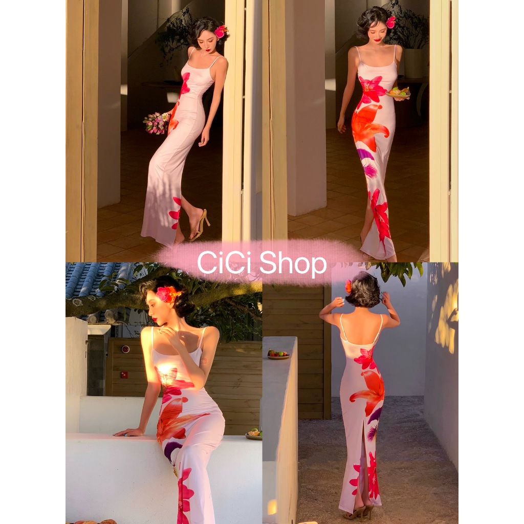 Cicishop(Y6277) เดรสยาวสายเดี่ยว พิมพ์ลายดอกชบา สายปรับได้ ผ่าหลัง แฟชั่นใส่ไปทะเล