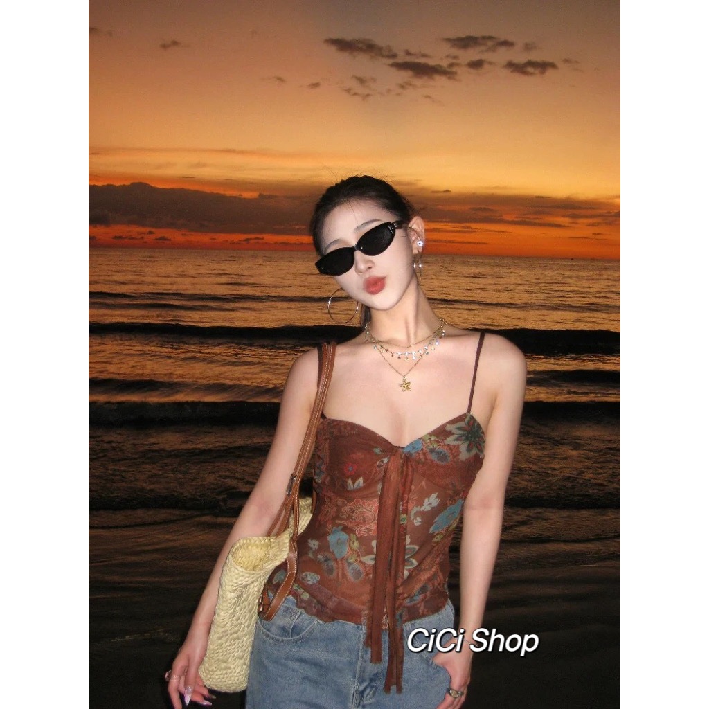 Cicishop (H8856) เสื้อสายเดี่ยวสีน้ำตาลเข้ม ผ้าซีทรู สายปรับได้ พิมพ์ลายดอกไม้วินเทจ แถมผ้าผูกด้านหน้า