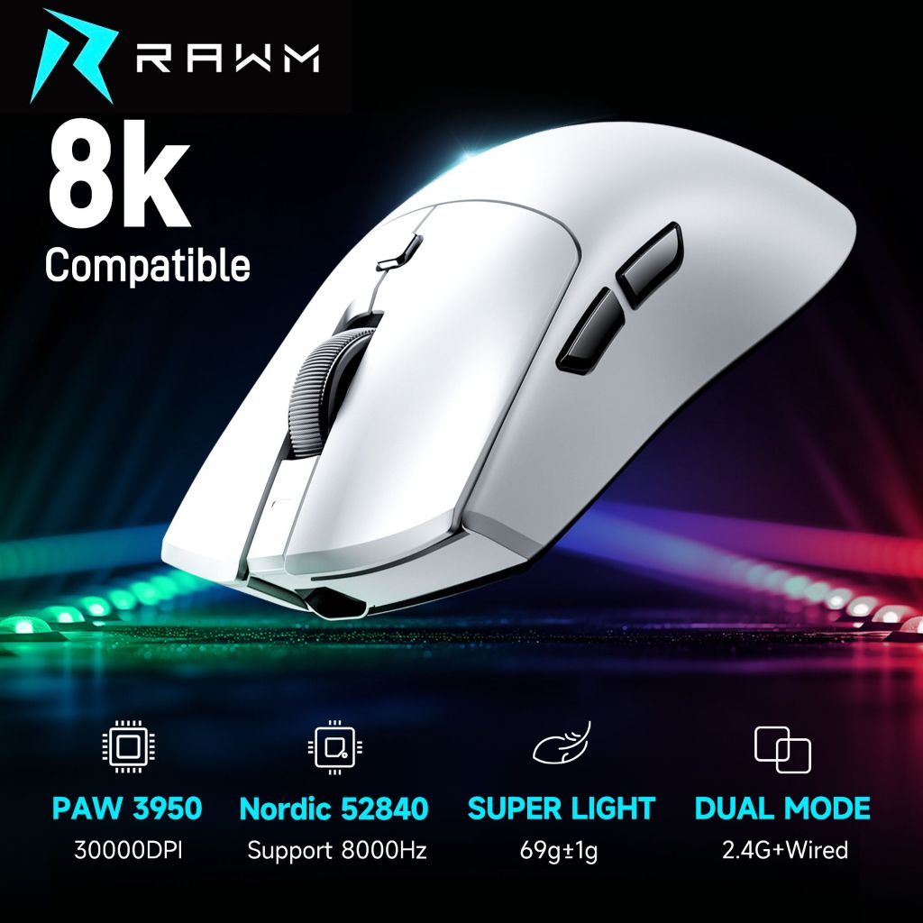 RAWM MH01 PRO + Dongle 8k paw3950 nordic52840 เมาส์เกมมิ่งคุณภาพสุง พร้อมส่ง!!