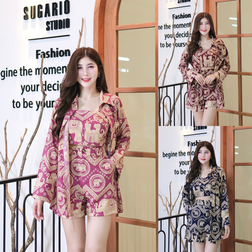 ชุดเซต 3ชิ้น ผ้าไหมอิตาลีพิมพ์ ลายดอก ลายฮาวาย +เสื้อเชิ้ตแขนยาวกระดุมหน้า+สายเดี่ยว+กางเกง