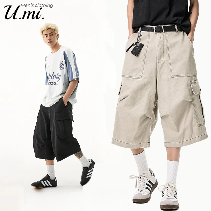 🌞U.mi.🌞 กางเกงขาสั้น สุดเท่สไตล์วินเทจ กางเกง 3 ส่วนผู้ชาย แฟชั่นเกาหลี ทรงสวย กางเกงคาร์โก้ 4 กระเป๋า เสริมบุคลิ