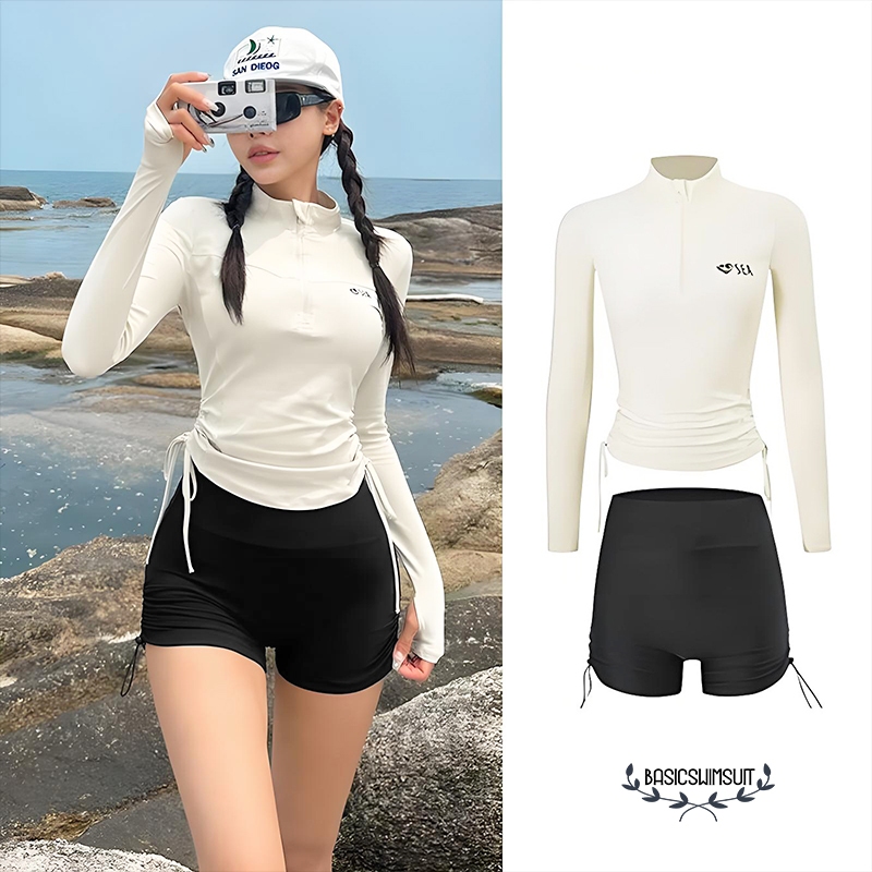 Basic swimsuit ชุดว่ายน้ำทูพีซ ชุดเล่นเซิร์ฟ แขนยาว ซิป การออกแบบเชือกผูก
