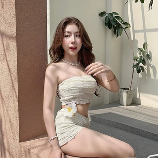 ส่งไวจากไทย ชุดว่ายน้ำแฟชั่น bikini ชุดบิกินี่ ทูพีช เกาะอก white มีฟองน้ำ beach#0801