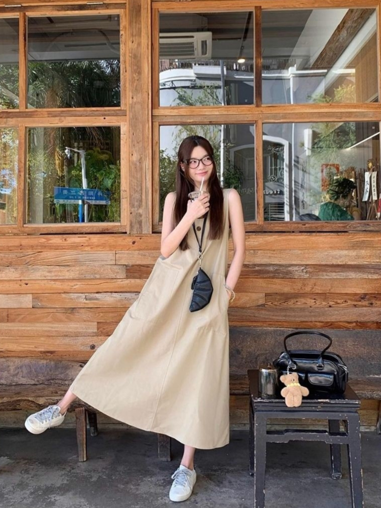 Lalita เดรสเกาหลี เดรสยาว กระดุมใช้งานได้จริง ผ้ายืด เดรสยาว ใส่สบาย รูปที่ 5