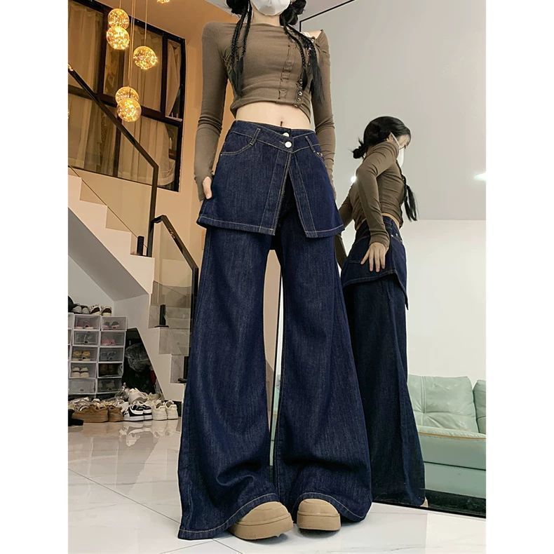 Gamin-CP908 กางเกงยีนส์ขายาว เอวสูง ทรงกระบอกใหญ่ รุ่นใหม่แต่งผ้าปิดสะโพก ทรงสวย 2025