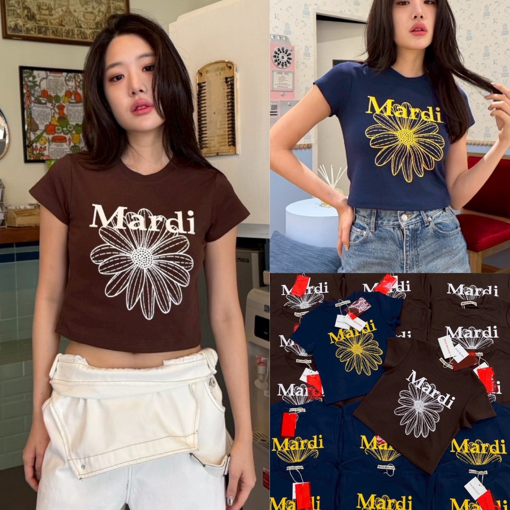 🍊 VL เสื้อยืดคอกลมแขนสั้นทรงครอป ลายดอกไม้แบรนด์สุดฮิต ผ้ายืดหยุ่น ทรงสวย ใส่สบาย