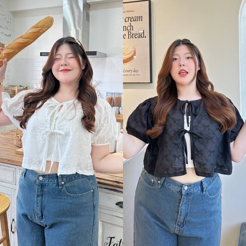 ✅เข้าเพิ่ม พร้อมส่งค่า /FB/ เสื้อแขนตุ๊กตา ผ้าลูกไม้ลายโบว์ ผูกโบว์อก น่ารักมาก #เสื้อผ้าไซส์ใหญ่ สาว อ้วน พลัสไซส์