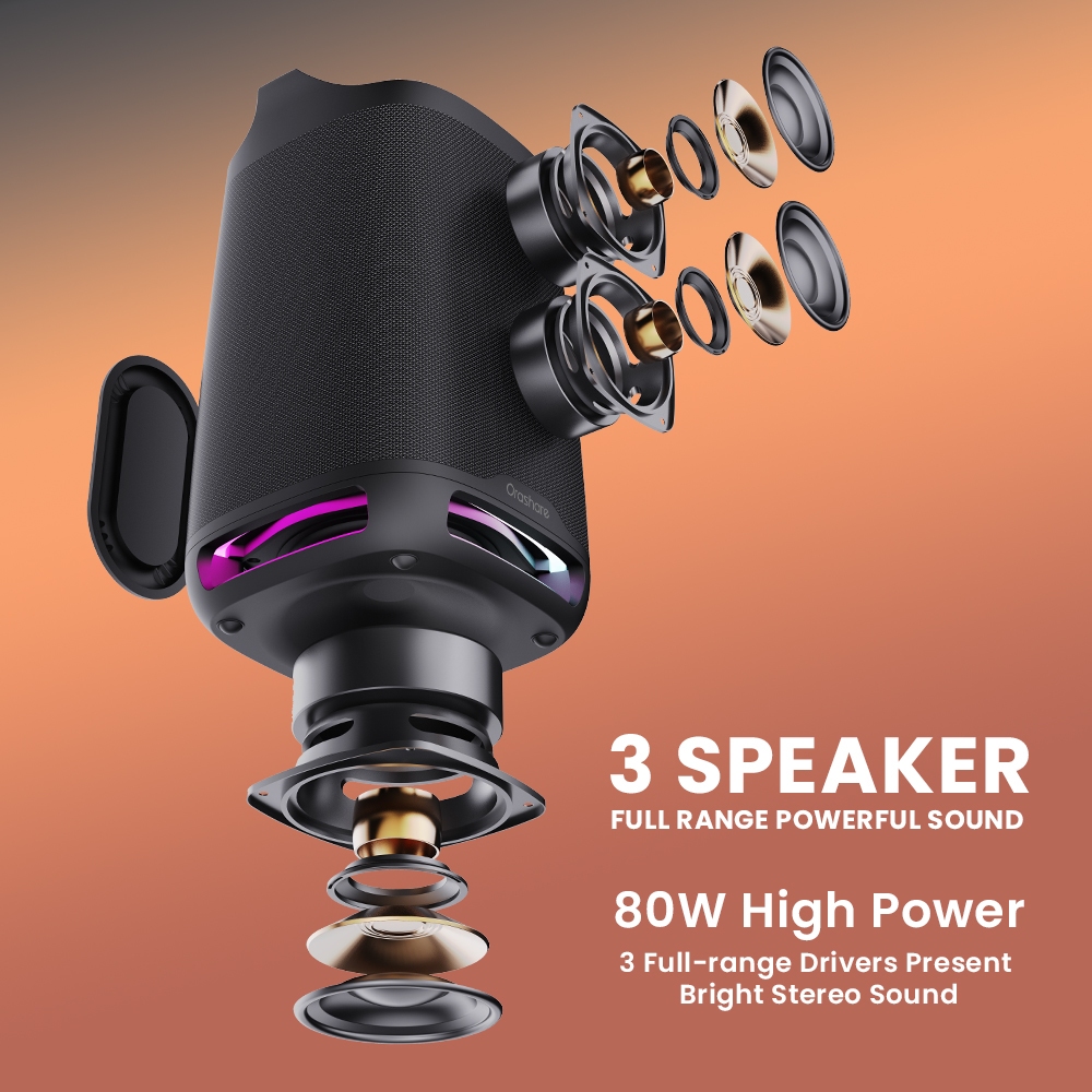 Orashare BS21 PartyBox ลำโพงบลูทูธพร้อมไฟ RGB เสียงทรงพลัง 80W ลำโพงปาร์ตี้ขนาดใหญ่5000mAhเล่นเพลงได้ ​​8 ชั่วโมง​​