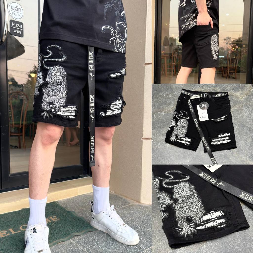 XOM708 กางเกงยีนส์ขาสั้นสีดำ ปักเสือคู่ ซับหนังขาวลายxom