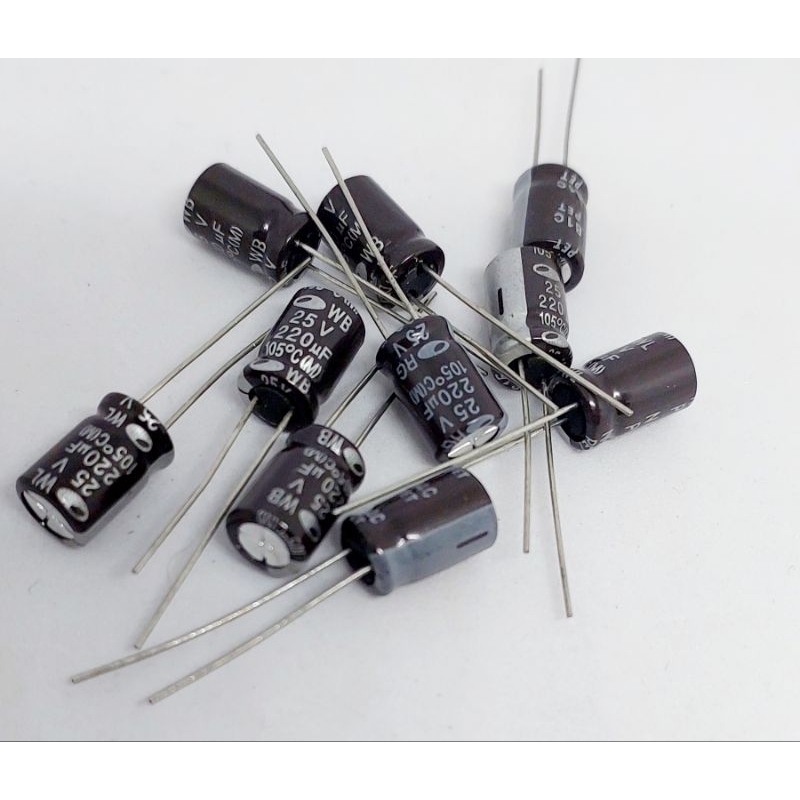 (แพ็ค 10 ตัว) คาปาซิเตอร์ 220uF 25V , Electrolytic Capacitor 220uF 25V , ตัวเก็บประจุ อิเล็กโตไลท์ 2
