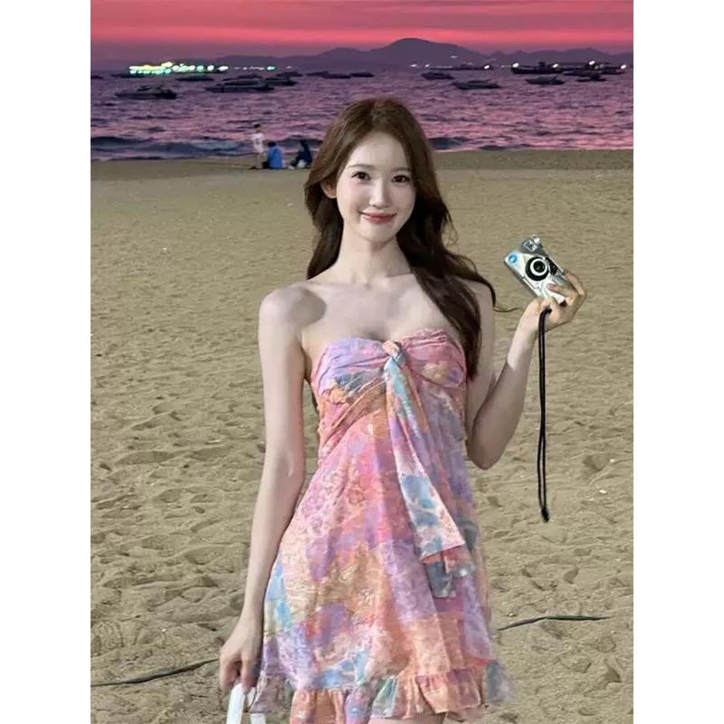 🌟เดรสเกาะอก เนื้อผ้าลูกไม้ถักฉลุ 8668-4138 (aurora)🌟