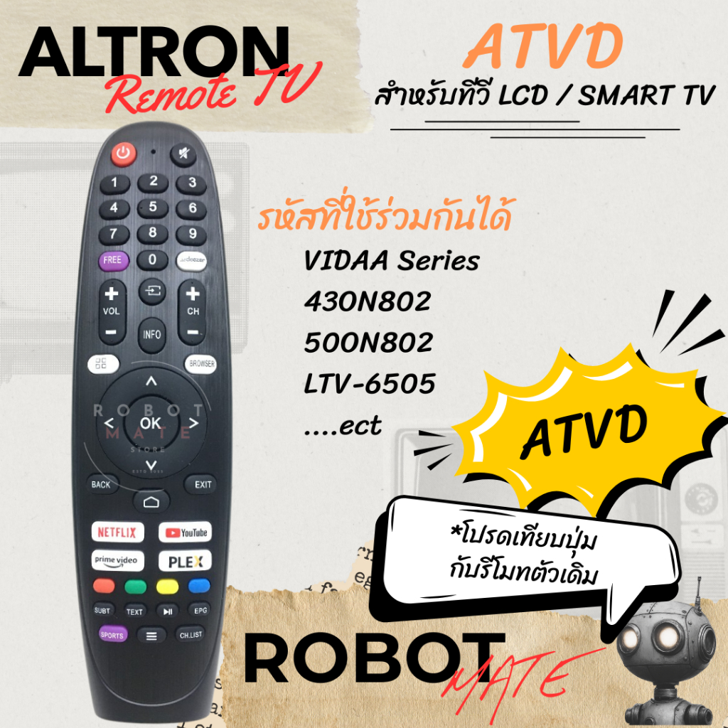 รีโมททีวี Altron รุ่น ATVD สำหรับรุ่น Smart TV Vidaa Series 43ON802,50ON802,LTV-6505,43FV10V1,43FV10T1,40FV10V1,32HV10V1
