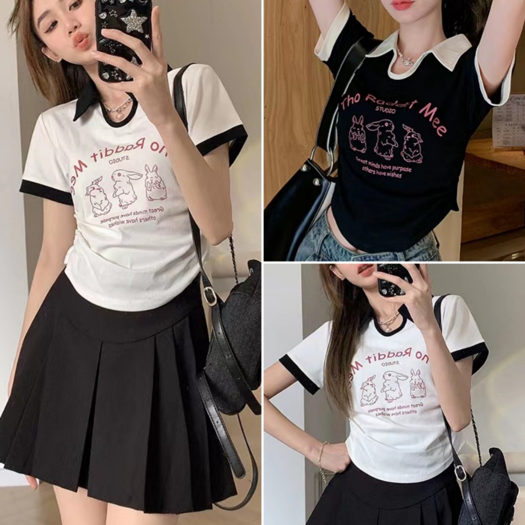 cherryshop🍒พร้อมส่ง เสื้อเชิ้ตแขนสั้น เสื้อยืดแฟชั่นสตรี การออกแบบการพิมพ์ที่ไม่สม่ำเสมอ สไตล์ลำลองย้อนยุคแบบอเมริกัน