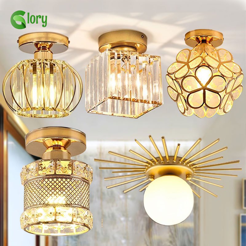 โคมไฟเพดานแบบโลหะคริสตัลสไตล์นอร์ดิกโมเดิร์นสีทองสำหรับทางเข้าโถงทางเดิน ห้องครัว ห้องรับประทานอาหาร ห้องนั่งเล่น