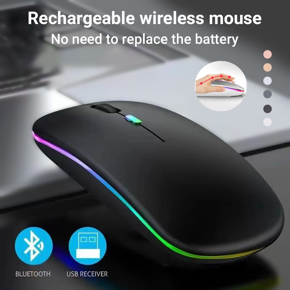 เมาส์ไร้สายบลูทูธแบบดูอัลโหมด เมาส์สำนักงานบางเฉียบเงียบพร้อมไฟส่องสว่าง แบตเตอรี่ในตัว Wireless Mouse