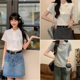 Beryl 🌻เสื้อยืดผู้หญิงแฟชั่น เสื้อโปโล สีพื้น แขนสั้น น่ารัก สไตล์เกาหลีเรียบง่าย ทรงเข้ารูป สวมใส่สบาย