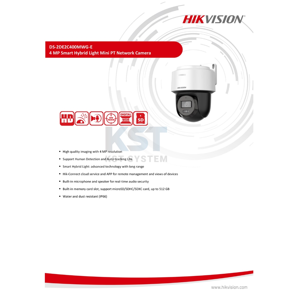 DS-2DE2C400MWG-E (เลือกเลนส์-Adapterในตัว) กล้องวงจรปิด Hikvision Smart Hybrid Light PT IPC 4MP PoE