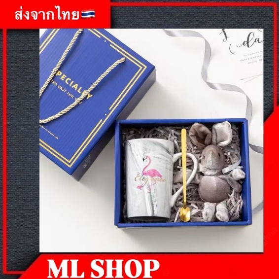 (ส่งจากไทย)แก้วเซรามิค(400ML) ลาย Mr./Mrs.-ceramic พร้อมตุ๊กตาและช้อน ทนความร้อนได้ดี