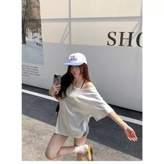 Oversize เสื้อยืดย้อนยุคอเมริกัน เสื้อปาดไหล่ ผ้านุ่ม สวมใส่สบาย สไตล์ลำลอง พิมพ์ลายตัวอักษร เหมาะสำหรับฤดูร้อน แขนสั้น