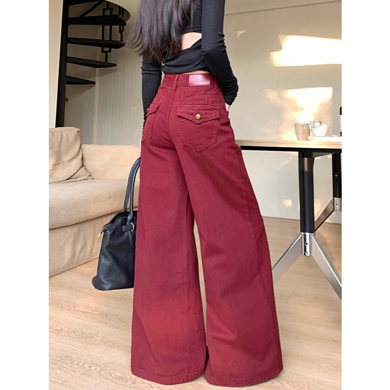 KoKo Jeans-สีแดงเอวสูงสไตล์หลวมถูพื้นกางเกงยีนส์ของผู้หญิง saggy pants