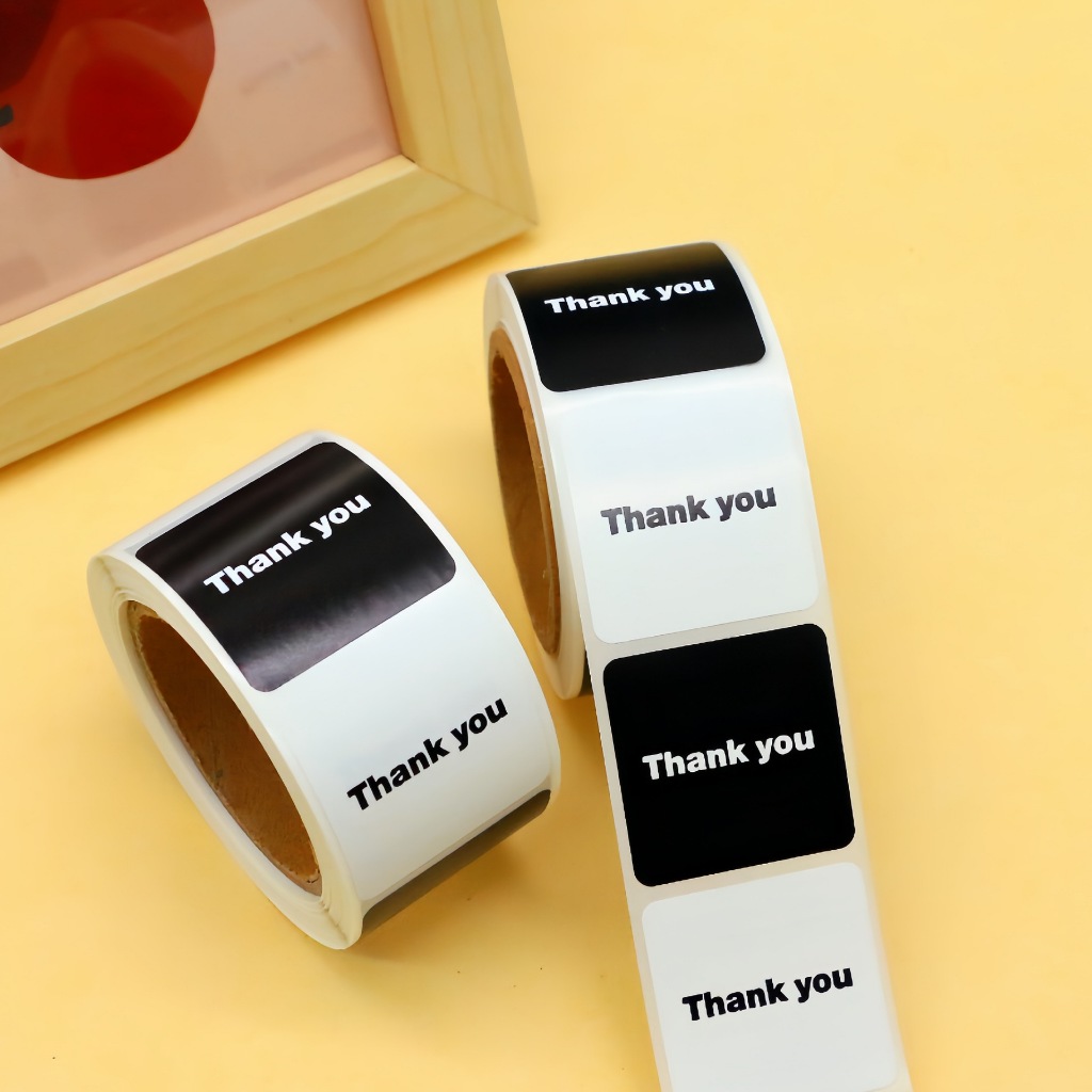 ( N ) สติกเกอร์กระดาษเคลือบขอบคุณ สติกเกอร์สำหรับร้านเบเกอรี่ ขนาด 3*3 ( 300 ดวง/ม้วน )