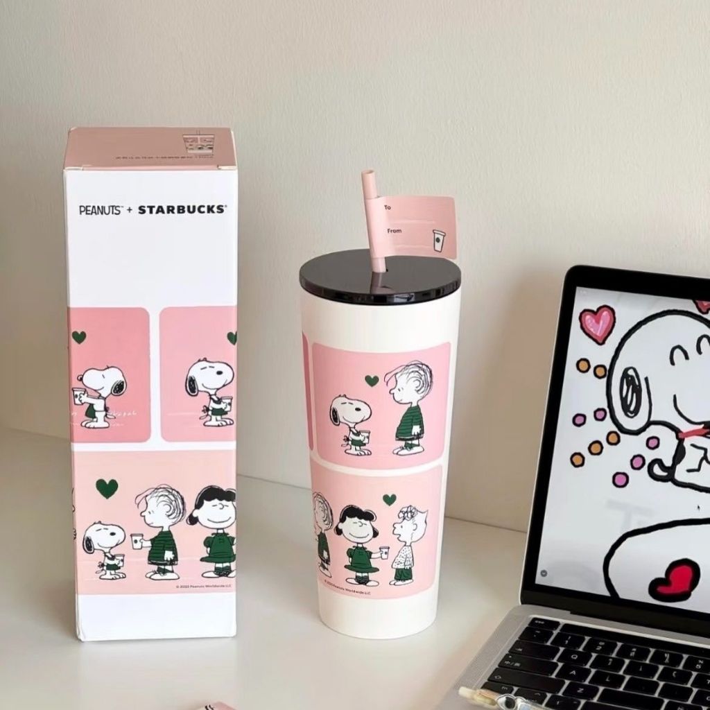 🌟พร้อมส่ง🌟2025 แก้วร่วมแบรนด์ Starbucks X Snoopy การ์ตูนสร้างสรรค์สแตนเลสความร้อนถ้วยฟางชุดร่วมแบรนด์ถ้วยกาแฟเก็บความเย็