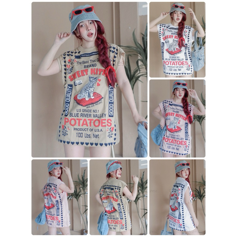 เสื้อกล้ามไหล่ล้ำ ลายแมว เสื้อยืด เสื้อผู้หญิง เสื้อผู้ชาย