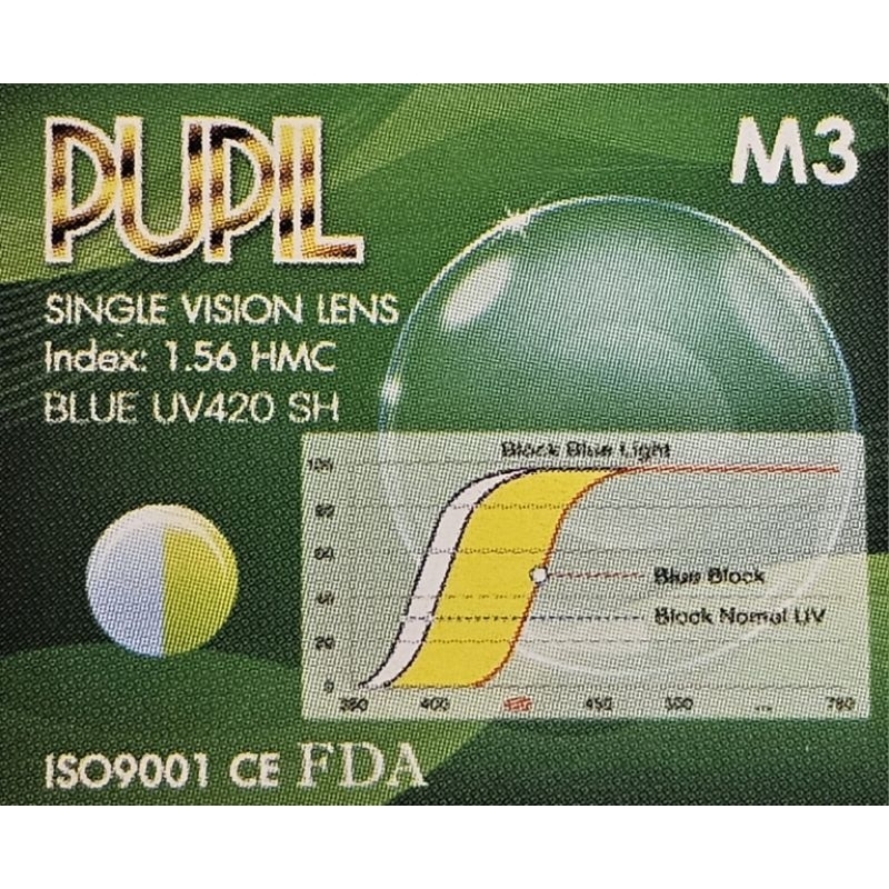 เลนส์ PUPIL SINGLE VISION LENSเลนส์สายตาคุณภาพสูง Index 1.56 HMCBLUE UV420 ผิวเลนส์ลื่น 🔵🟢 สั่งค่าสา