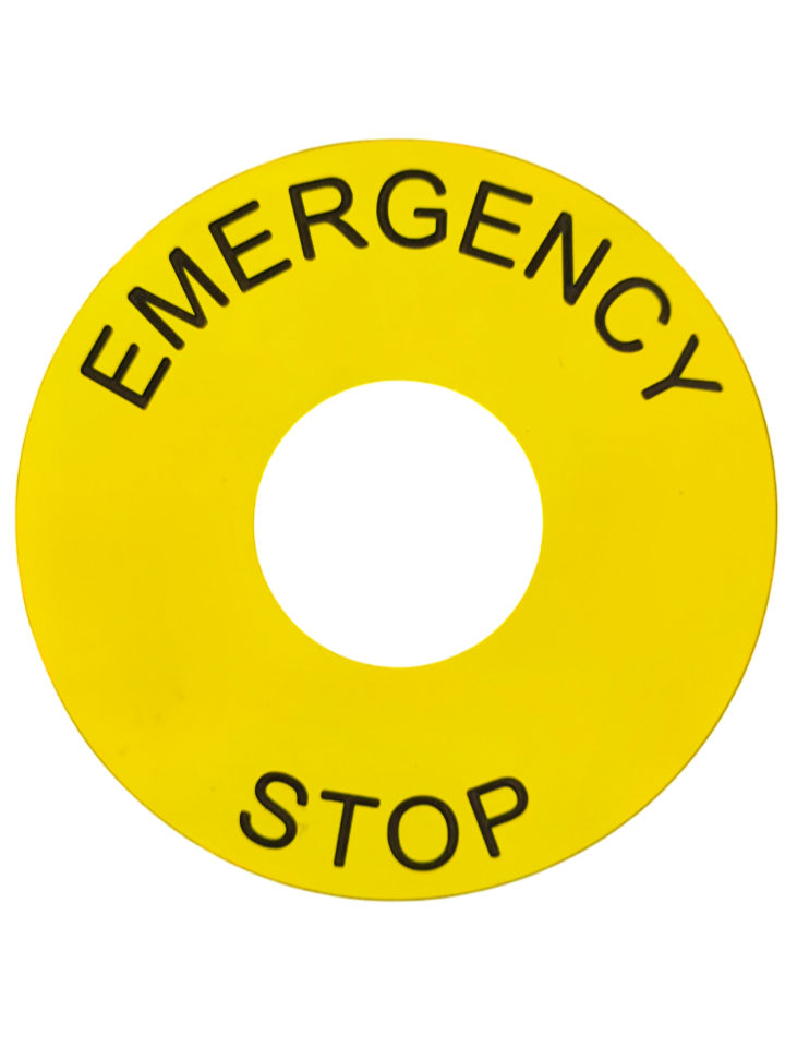 ป้าย "EMERGENCY STOP"ผลิตจากแผ่นพลาสติกโรมาร์คคุณภาพสูงขนาดเส้นผ่านศูนย์กลาง60มม.รูใน22มม.พื้นป้ายสีเหลืองตัวหนังสือสีดำ
