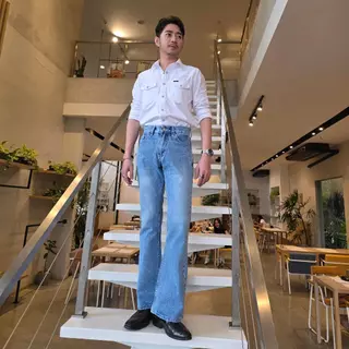 Golden Zebra Jeans กางเกงยีนส์ชายขาม้าเอวสูงสีฟ้าฟอกขัดด่าง สีสนิมเขียว สีดำซุปเปอร์แบล็ค #339