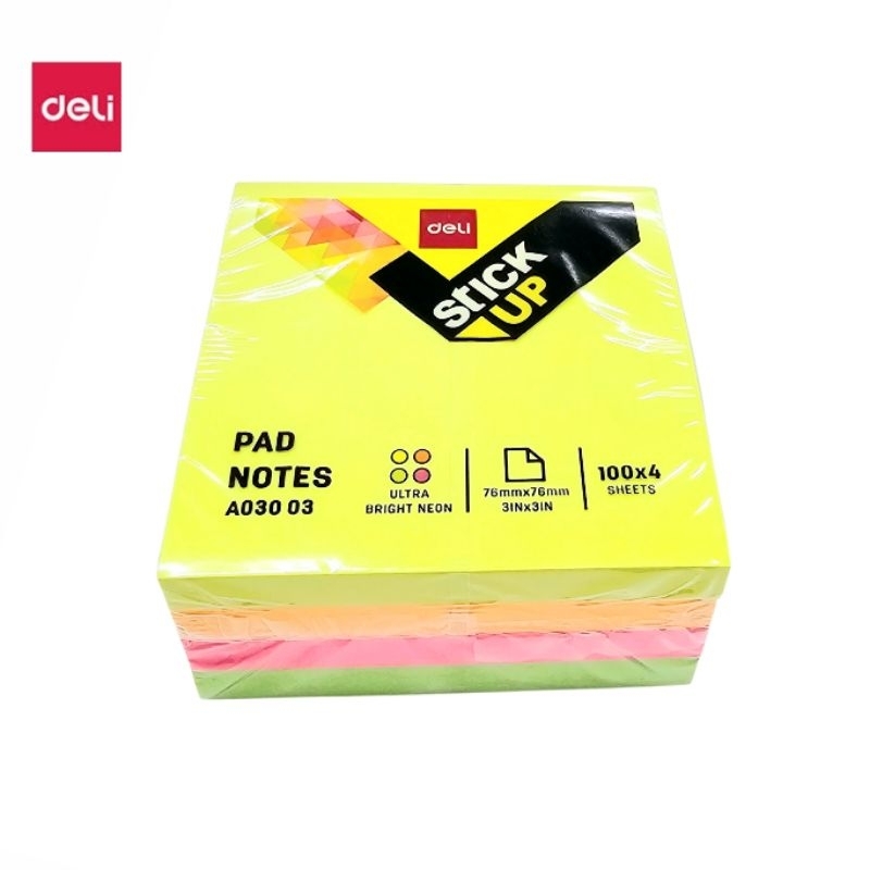 Deli กระดาษโน๊ตกาวในตัว 4 สี Stick Up A03030 ขนาด 3″×3″ โทนนีออน (บรรจุ 100 แผ่น ต่อ 1 สี)