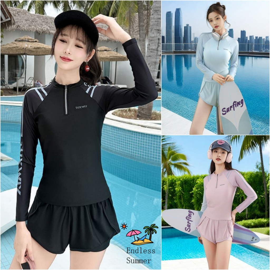 ชุดว่ายน้ำ ผ้าแห้งไวพร้อมดีไซน์เสริมหน้าอก  💗 ชุดว่ายน้ำผู้หญิงแขนยาว  ชุด 2 ชิ้น  การออกแบบซิปเพื่อให้ใส่และถอดได้ง่าย