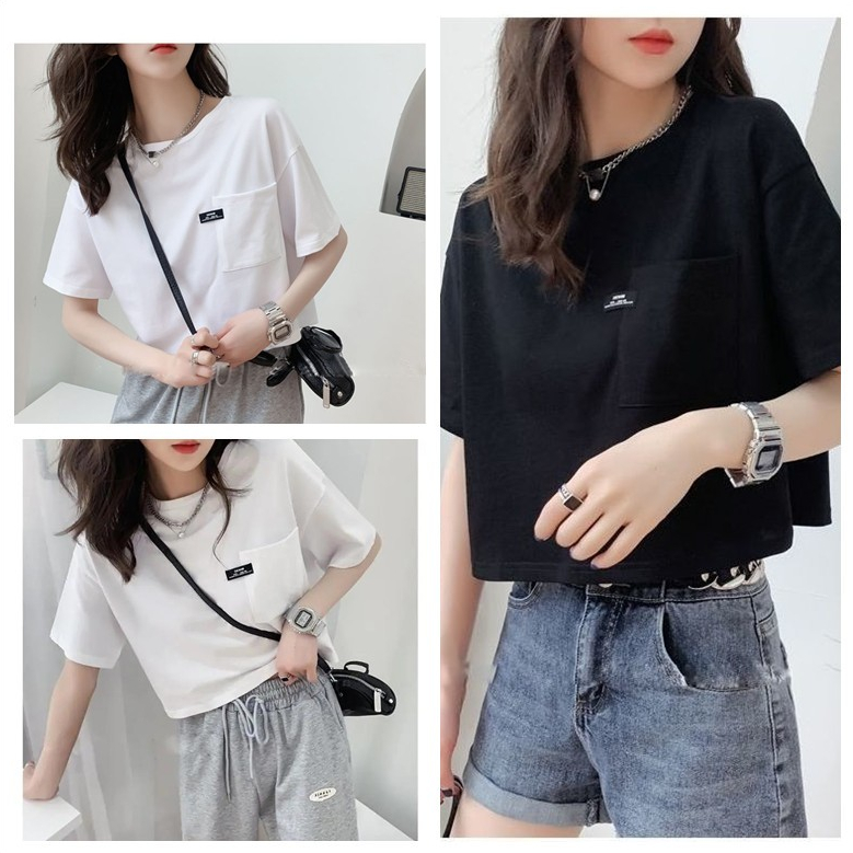 พร้อมส่ง เสื้อยืดครอปแขนสั้นผู้หญิง oversize เสื้อผ้าสาวอวบมินิมอลสไตล์เกาหลี เสื้อเอวลอยวัยรุ่นน่ารัก ลำลอง ผ้าใส่สบาย