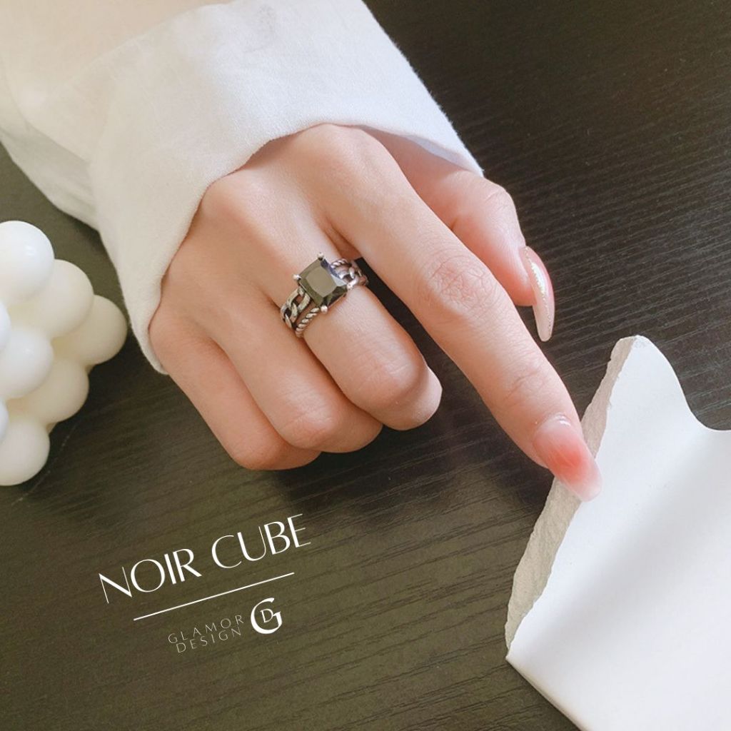 GLAMOR✨แหวนเงินแท้ Noir Cube แหวนแฟชั่นสไตล์มินิมอล จี้ดำ ใส่ได้ทุกโอกาส