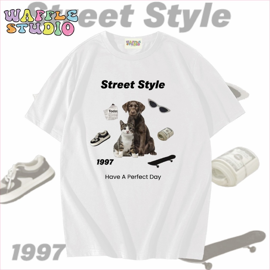 [ ส่งฟรี 🔥 ] WS0017 เสื้อยืดโอเวอร์ไซส์ เสื้อยืดเกาหลี ผ้าคอตตอน100% เสื้อยืดลายน้องหมา น้องแมว WAFFLE STUDIO