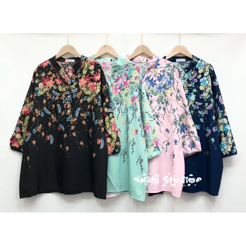 เสื้อคอจีน แขนสามส่วน ผ้าไหมอิตาลี ลายเชิงดอกไม้น่ารัก ใส่สบาย ไซส์ใหญ่