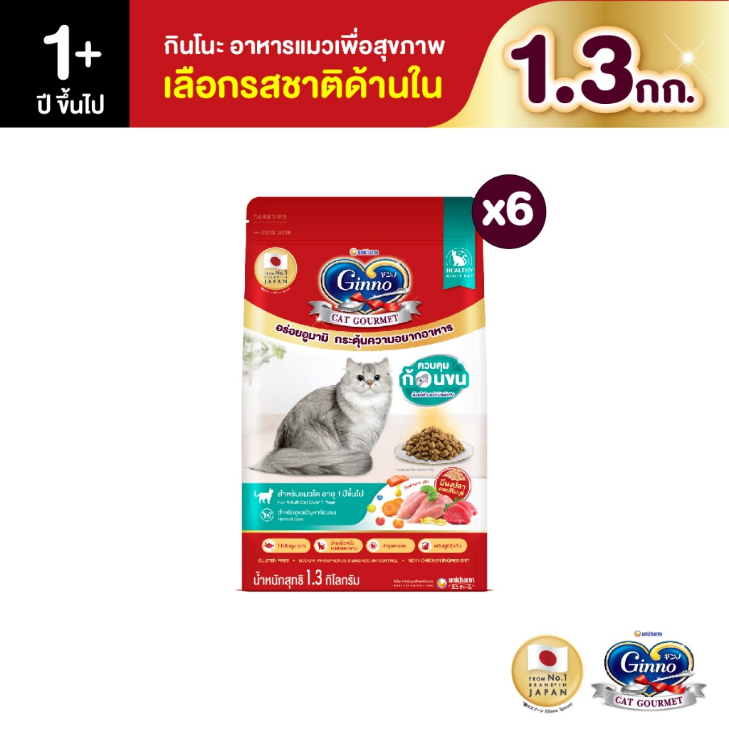 [ใหม่! เลือกรสชาติได้][ยกลัง] Ginno Dry Health กินโนะ อาหารเม็ดแมวสูตรสุขภาพ 1.3Kg. (6 แพ็ค)