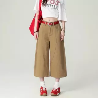 Swan shop กางเกงยีนส์ขา6ส่วน สีกากี/สีขาว ผ้ายีนส์ไม่ยืดนิ่มดีใส่สบาย วินเทจ แนวสวยสุดฮิตวัยรุ่นมากๆ