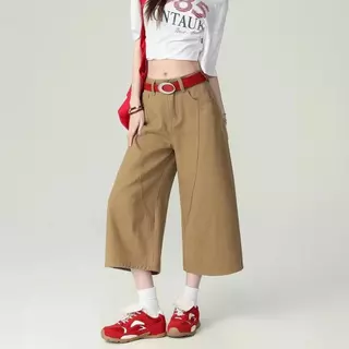 Swan shop กางเกงยีนส์ขา6ส่วน สีกากี/สีขาว ผ้ายีนส์ไม่ยืดนิ่มดีใส่สบาย วินเทจ แนวสวยสุดฮิตวัยรุ่นมากๆ