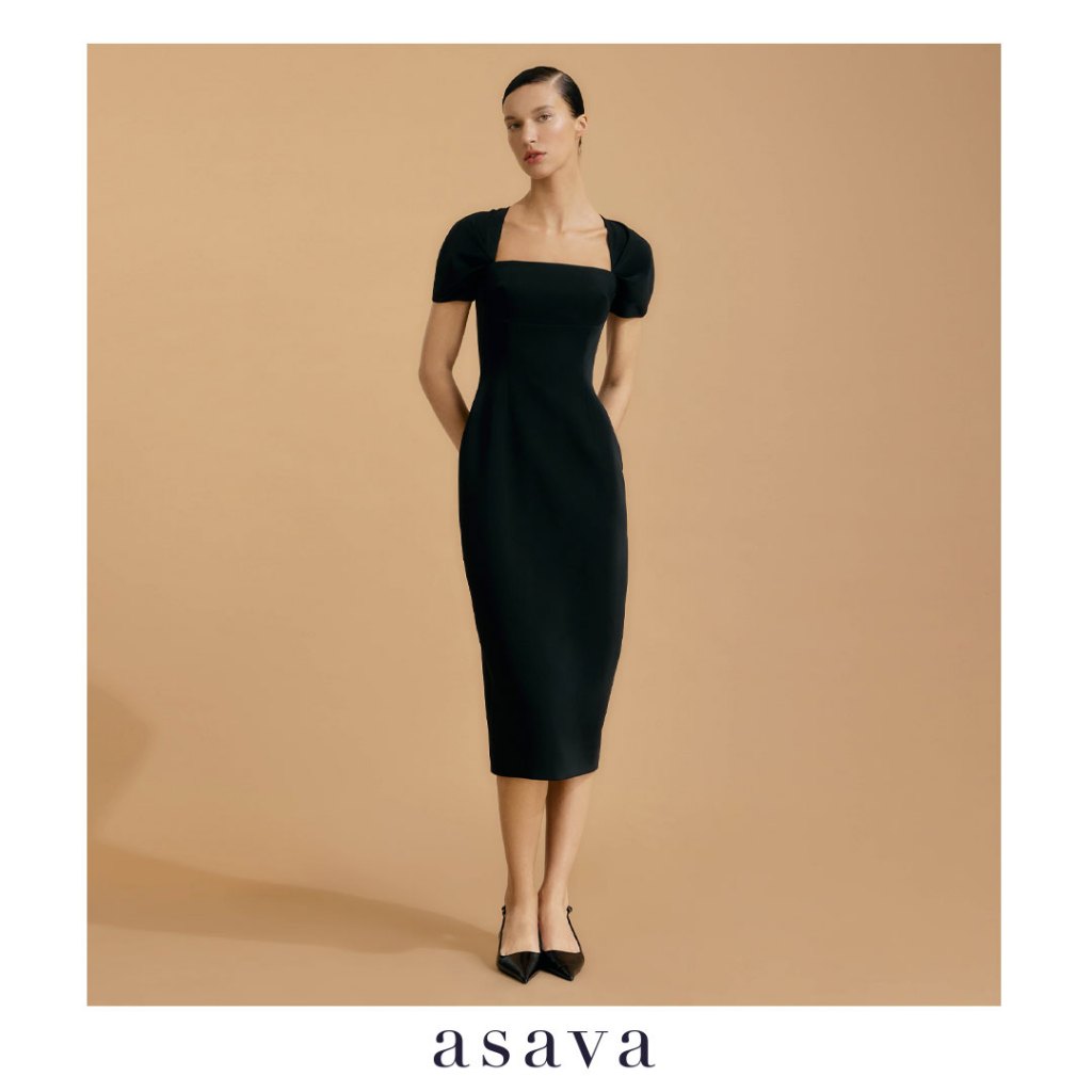 [asava ss25] Aria Square Neck Dress เดรสผู้หญิง คอเหลี่ยม แขนสั้น แต่งตะเข็บด้านหน้าและหลัง ผ่าหลัง 