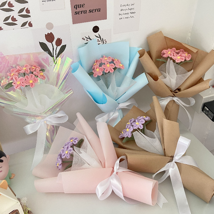 ช่อดอกฟอร์เก็ตมีน็อตไหมพรม โครเชต์ ถักไหมพรม ช่อดอกไม้ crochet flower ตกแต่ง ของขวัญ รับปริญญา ปัจฉิม ให้แฟน Forget Me N