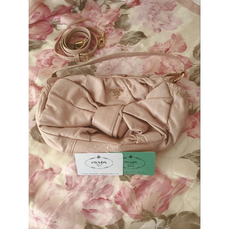 กระเป๋า prada งานเทียบ หนังวัวแท้ ผ้าทอลาย สีชมพู