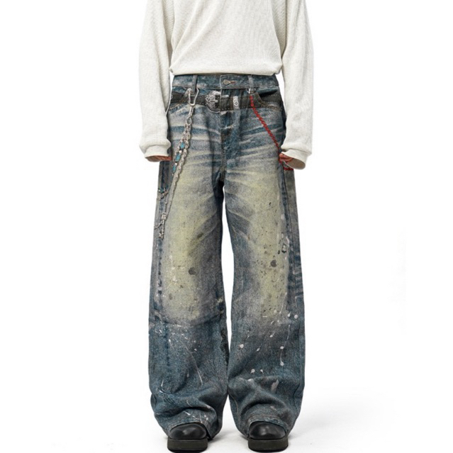 กางเกงยีนส์ทรงกระบอก key-printed jeans - รูปที่ 3