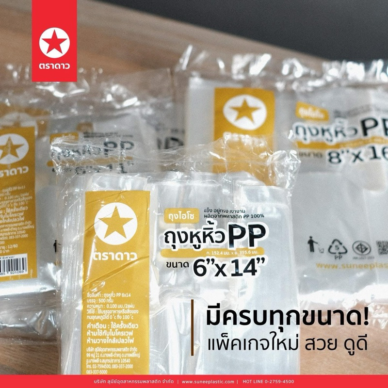 ถุงหิ้วใส ถุงไฮโซ ถุงหูหิ้ว PP ตราดาว ถุง : 500 กรัม (500g) ถุงหิ้ว