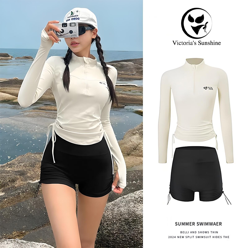 ชุดว่ายน้ําทูพีช ชุดว่ายน้ำผู้หญิงแขนยาว swimming suit กันuv UPF50+ ว่ายน้ำ มีฟองน้ำ#0822