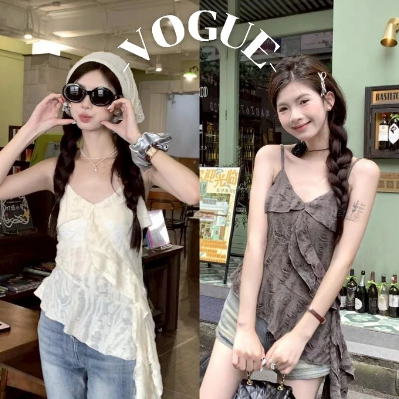 Vogue🌟พร้อมส่ง🌟 เสื้อสายเดี่ยว ผ้าพริ้วไหว ลายมัเย้อนสีพื้น (56509)